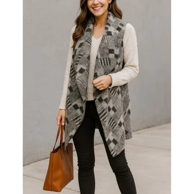 Willi Smith Womens Wool Black Checkered Open Front Sweater Vest sz S Cozy Cabin - Image 1 of 4