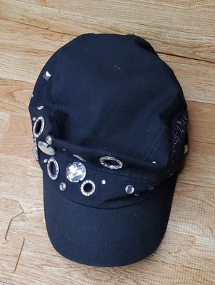 Harley Davidson Mujer Cadete Ejército Sombrero Negro Escritura Bordado Estrás Ojales Foto 1 de 4