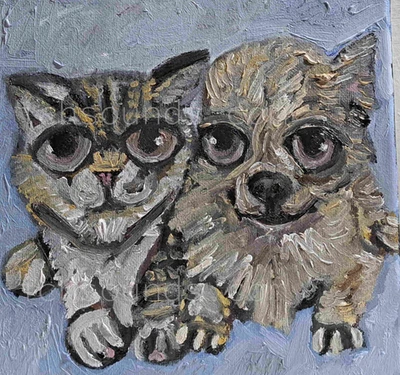 Pintura al óleo original gato y perro sobre lienzo estirado, firmada en la parte posterior Foto 1 de 2