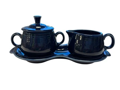 Fiesta P86 Cobalt Cream and Covered Sugar Set w Tray Fiestaware Figure 8 W/ Tag - Image 1 of 4