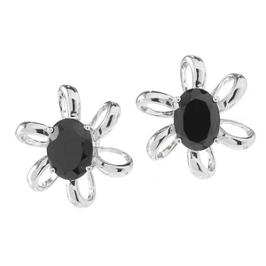 925 Sterling Silver Natural Black Spinel Oval 8x6mm Women Floral Stud Earring - Picture 1 of 2