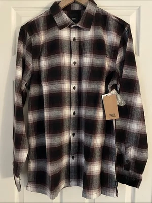 New Men's VANS Flannel Button Front Long Sleeve Plaid Shirt Size L Maroon Black - Image 1 of 4