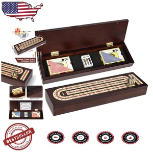 Wooden Cribbage Board Magnetic Lock Metal Pegs Large Storage Travel Game - Picture 1 of 8