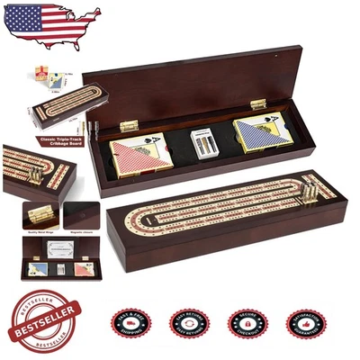 Wooden Cribbage Board Magnetic Lock Metal Pegs Large Storage Travel Game - Image 1 of 4