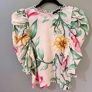 Blusa floral manga globo mezcla lino Rachel Roy botón espalda talla SM - Imagen 1 de 8