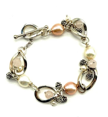 Michael Dawkins Sterling Silver 925 Pearl Rose Quartz Bracelet Toggle Close 8" - Image 1 of 4