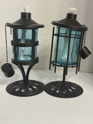 Lot Of 2 Shanghai Daisy Citronella Oil Metal Lantern Blue Glass Tabletop Torch - Image 1 of 4