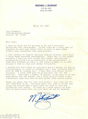 MIKE SCHMIDT AUTO LETTER SIGNED PSA DNA MIKE SCHMIDT LETTER HEAD - Image 1 of 2