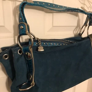 Kathy Van Zeeland Teal Faux Suede & Leather Croc. Shoulder Bag - Picture 1 of 5
