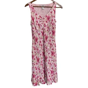 LOFT Women's Pink Floral 90s Y2K Vneck Ruche Sleeveless Knee Length Dress Size 8 - Picture 1 of 7