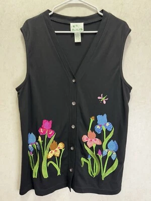TE QUACKER FACTORY Women's Black Floral Embroidered Vest Grandma Core LARGE - Image 1 of 4