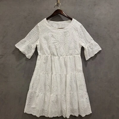 Vestido midi de encaje con ojales para mujer mediano blanco con volantes en capas dobladillo simple playero boho Foto 1 de 4