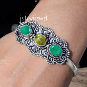 Faceted Peridot & Green Onyx Gemstone 925 Sterling Silver Cuff Beautiful Bangle - Picture 1 of 5