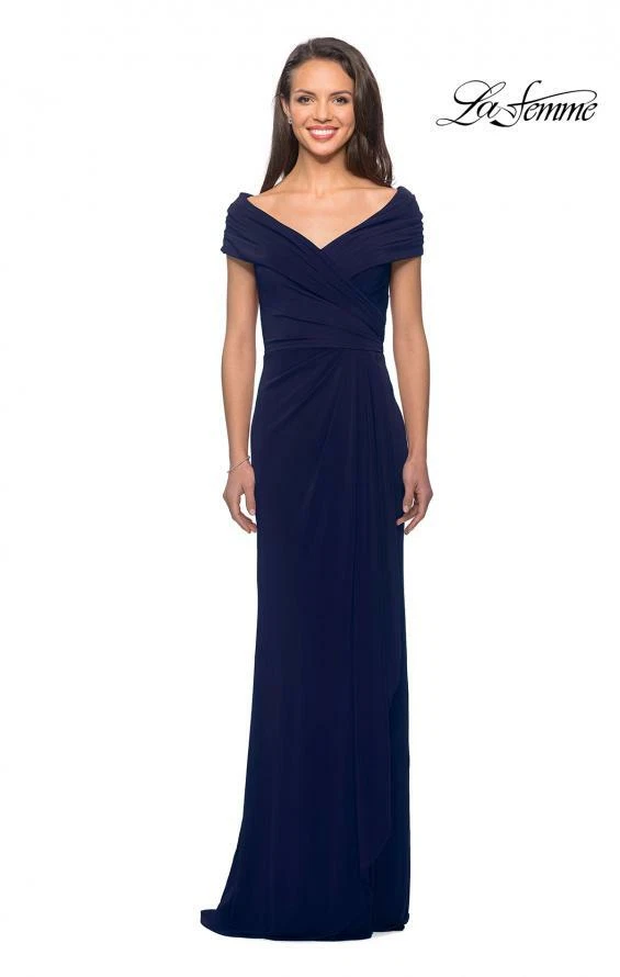 La Femme 26519 Navy Blue Portrait Collar Ruched Pleated Faux Wrap Jersey Gown 4