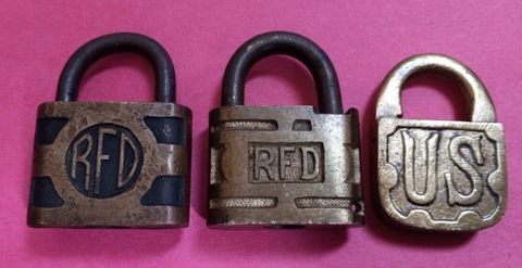 Lot of 3 Brass Padlocks Two Marked RFD & One Marked US ~ No Keys Cover