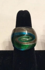 Anillo de vidrio artístico soplado a mano 9,5 cobre plata azul verde remolino de vidrio nuevo - Imagen 1 de 9