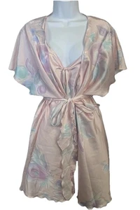 VTG Miss Elaine Baby Doll Robe & Dress Set L Pink Pastel Floral ILGWU Union USA - Picture 1 of 24