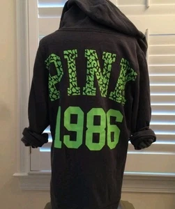 Victoria's Secret PINK 1986 Zip Hoodie Leopard Cheetah Neon Green Gray  RARE - Picture 1 of 4