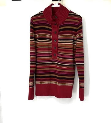 Eddie Bauer women’s medium knit sweater Striped 1/2 Button Down Mock Neck - Image 1 of 4