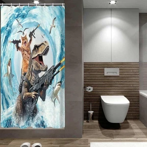 Grtuspr Funny Cat Shower Curtain Set, Cute Cat Riding Dinosaur Theme Ocean Cu... - Picture 1 of 7