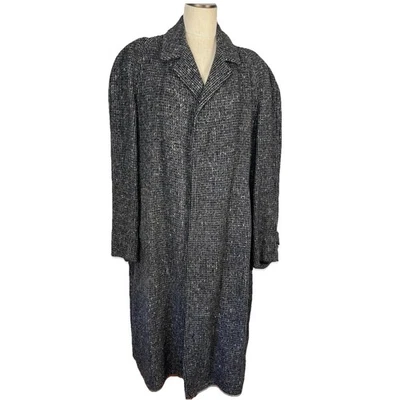 VTG 50s 60s Alligator Weatherstyle Tweed Trench Overcoat Peacoat Black Gray 46" - Image 1 of 4