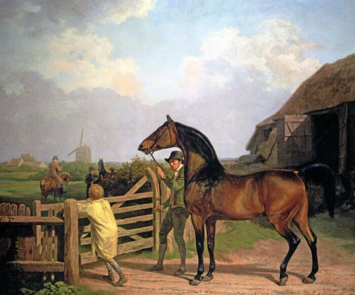 BAY ASCHAM A STALLION LED THROUGH GATE TO A MARE HORSE PAINTING BY AGASSE REPRO  - Image 1 of 3