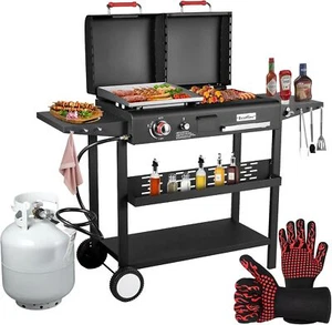Dual Fuel Propane Gas Charcoal Grill Combo Black Dual Lids Flat Top Grill - Picture 1 of 8
