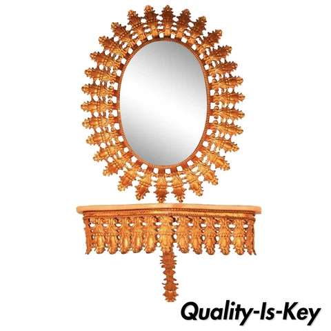 Italian Hollywood Regency Gold Sunburst Mirror Marble Top Wall Console Table vtg Cover