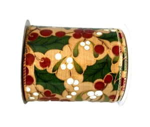 Holly Berry and Mistletoe 4" by 2 Yd Wired Ribbon Red White Country Christmas - Picture 1 of 2