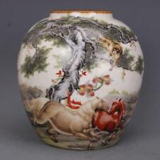 Chinese Famille Rose Porcelain Jar Qing Guangxu Monkey Horse Peach Pot 5.51"
