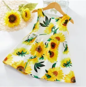 Girls Dress- Girls' White Cotton Sunflower Print Dress with Black Satin Bowknot - Picture 1 of 6