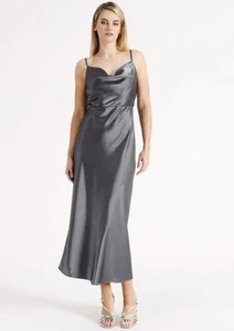 New WAYNE COOPER Gunmetal Cowl Neck Maxi Dress Size 12 Silver Evening - Picture 1 of 9