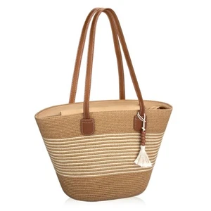 Straw Beach Tote Bag for Women, Large Woven Purse with Zipper for Summer Trav... - Picture 1 of 7