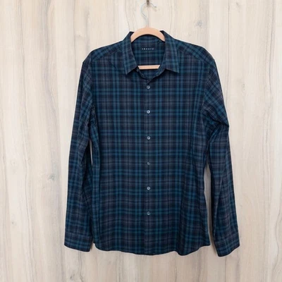 Camisa Theory Para Hombres Con Botones Talla L Azul A Cuadros Calce Clásico Preppy Grunge Foto 1 de 4
