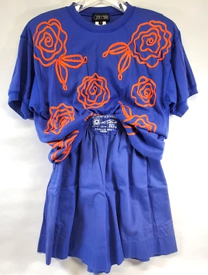Gene Ewing Culotte Skort Set Women Sz P Sewing Piping Decor Blue Orange 100 Cott - Image 1 of 4