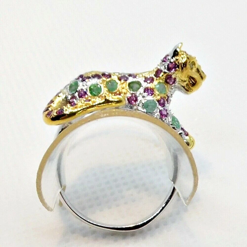 Rhodolith Smaragd Ring TIGER 925 Silber 585 Bicolor vergoldet 17,8 mm 56 - Bild 1 von 4