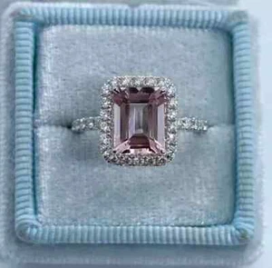 Lab Created Morganite 3Ct Emerald Cut Halo Engagement Ring 14k Rose Gold Plated - Picture 1 of 6