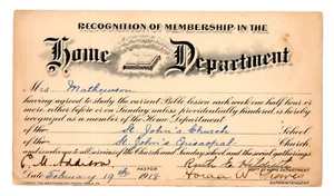 Tarjeta de certificado del Departamento del Hogar de la Iglesia Episcopal de San Juan 1918 Stamford CT DE COLECCIÓN - Imagen 1 de 2