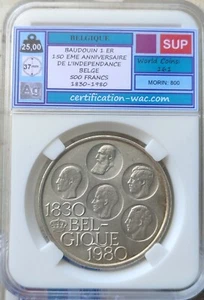 Slabbed certified UNC🅰️Big Silver 🅰️ 1830 1980 Belgium 🅰️ 500 Francs Belgique - Picture 1 of 2