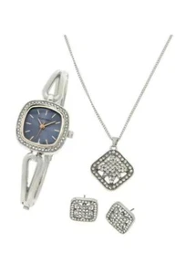 Ellen Tracy Cushion-Shaped Watch, Necklace and Earring Set Silvertone NEW  - Picture 1 of 1