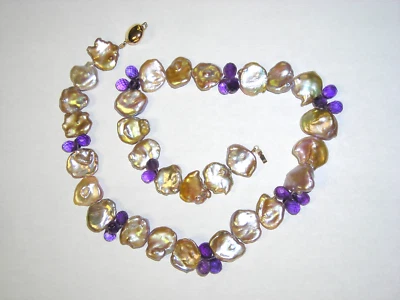 Peacock Color Keishi Pearls Faceted Amethyst Drop Necklace 14K Yellow Gold Clasp - Image 1 of 4