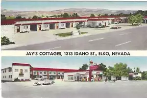 ELKO, NEVADA POSTAL Jay's Cottages, 2 vistas, gasolinera, postal publicitaria - Imagen 1 de 2