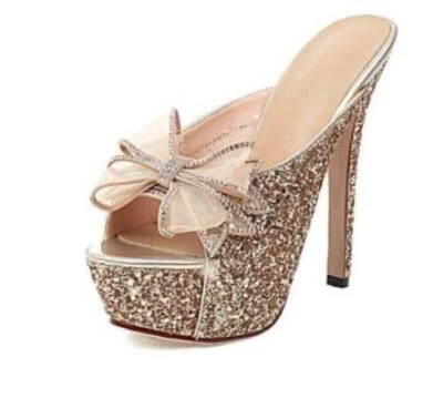 Zapatillas elegantes para mujer con lazo de lentejuelas pedrería plataforma tacones altos punta abierta mulas Foto 1 de 4