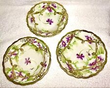 Vintage Hand Painted Nippon Purple Floral Moriage Gilt 5” Dessert Bowls Set of 3