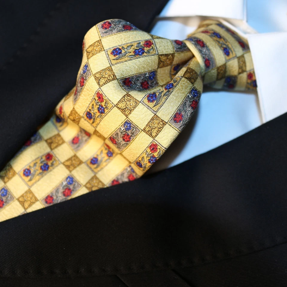 VALENTINO Italy Yellow Red Lavender Floral Geometric Silk Necktie 58"L x 3.75"W - Image 1 of 4