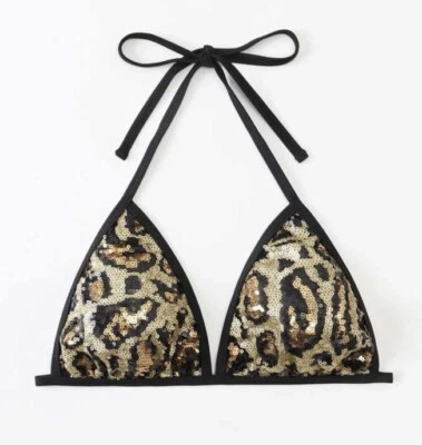 Leopard Sequin Animal Halter Triangle Bikini Swimsuit Top Only Champagne Sz M - Image 1 of 4