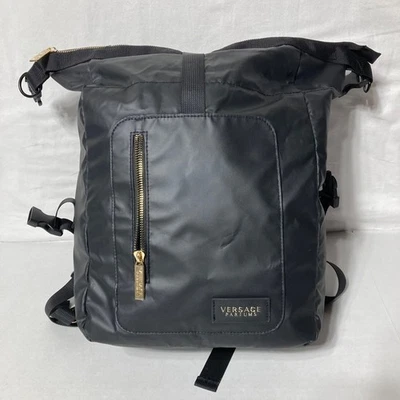 Versace Parfums Black Backpack Tote Bag Gold Greek Key Straps - Image 1 of 4