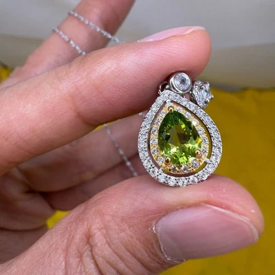 925 Sterling Silver Necklace 8x5mm Natural Peridot Gemstone Zircon Teardrop Gift - Image 1 of 4