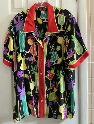 Vintage Bob Mackie Retro Cocktail Print 100% Silk Gold Buttons Down Shirt 2XL - Image 1 of 4