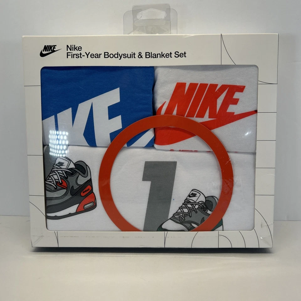 3 Piece Nike Baby Gift Set 0-12 Months First Year Blanket Bodysuits B42 M